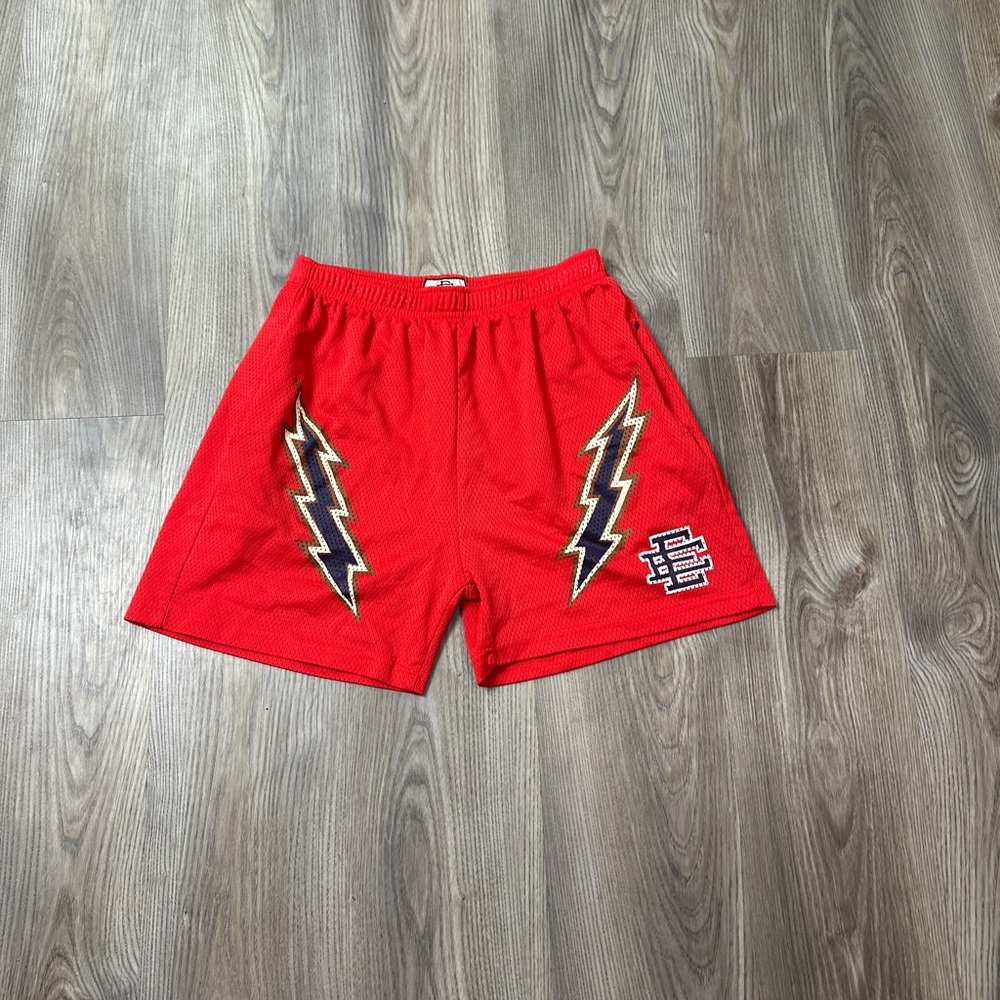 Eric Emanuel Red Athletic Shorts with Lightning Design
